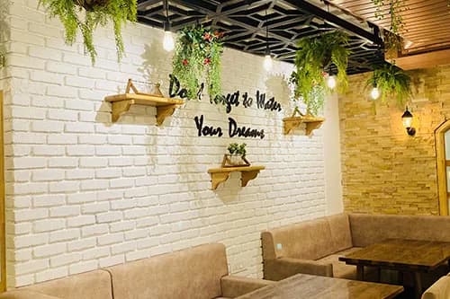 White brick wall with trailing vines, a lettered sign and cushioned banquette seating at The Plant Story